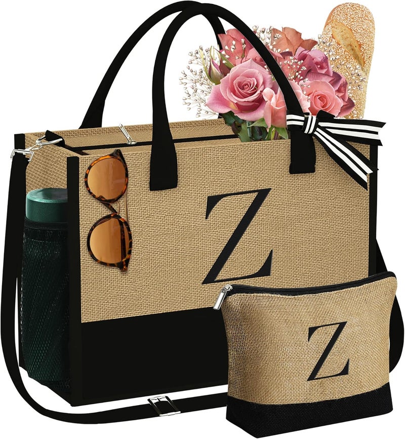 YOOLIFE Gifts for Women - Initial Jute Tote Bag & Makeup Bag, Valentines Day Gifts for Her Teacher Mom Wife Friend Birthday - Image 1
